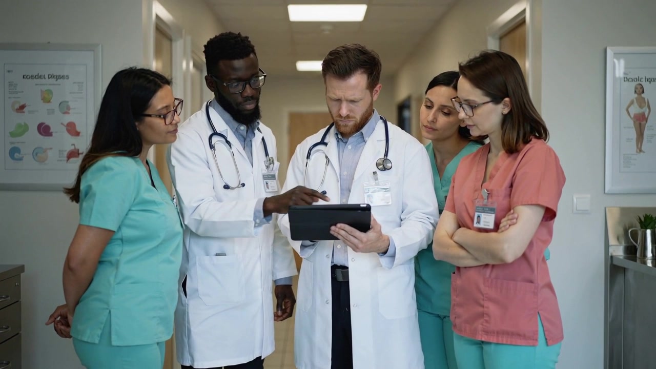 Showing patient record, medical team gathering, reviewing tablet in clinic hallway, scrubs for care