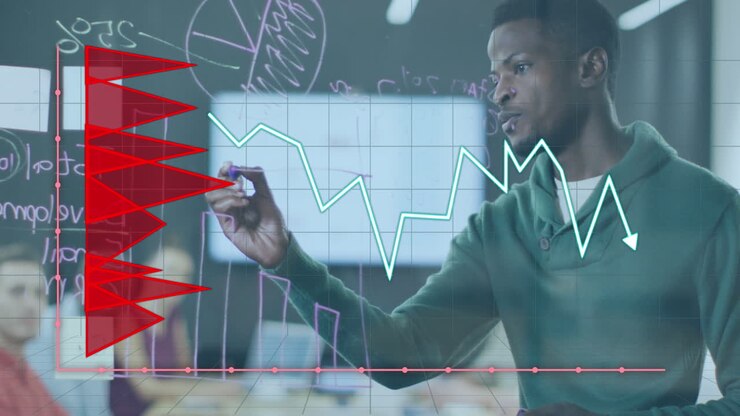 Animation of data processing over diverse business people working in office