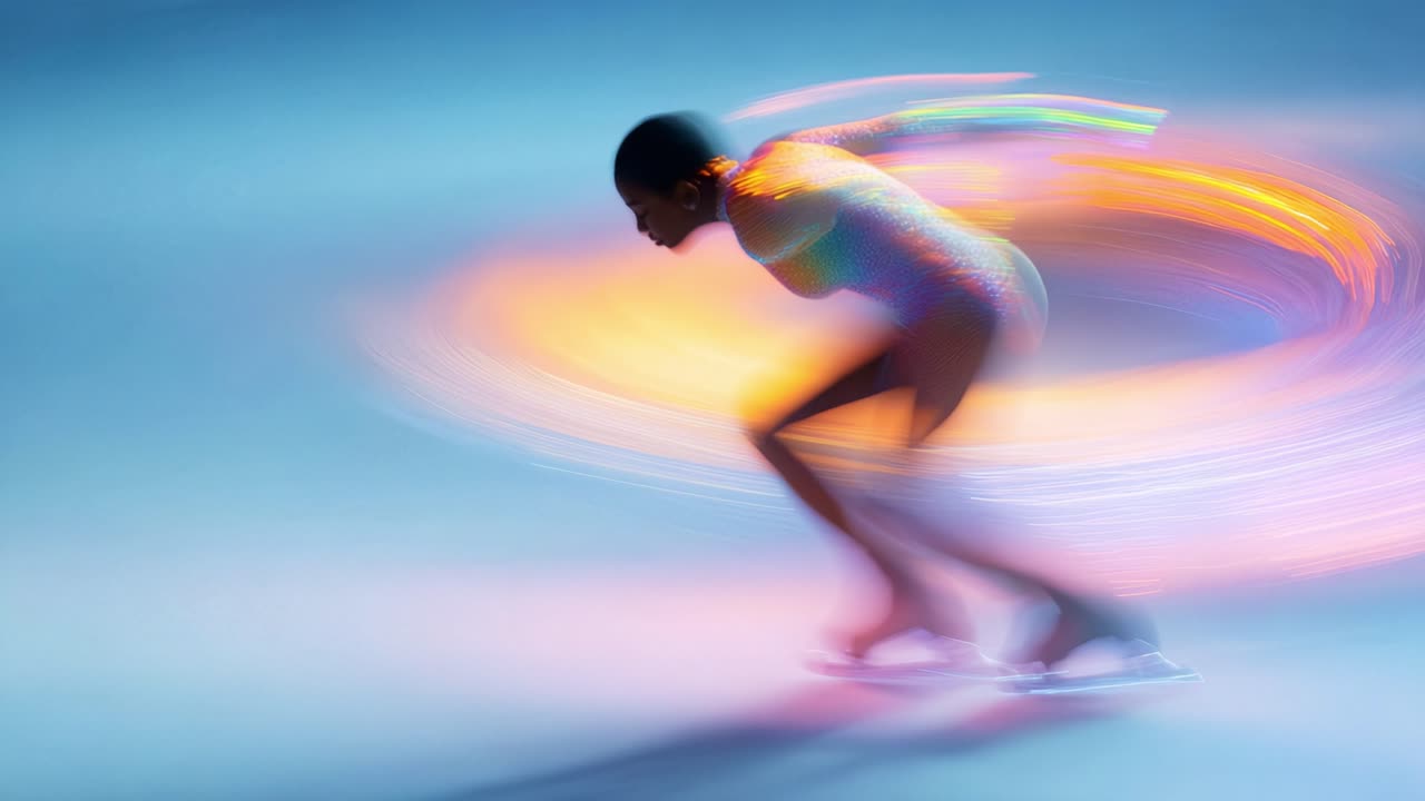 A graceful figure skater glides across the ice, leaving a mesmerizing trail of colorful light as she performs a dynamic spin with fluid elegance and remarkable speed