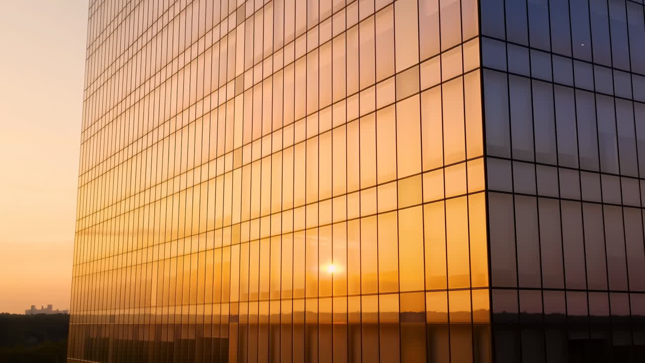 Reflexo da Hora Dourada em Fachada de Vidro, Luz Solar Laranja Quente Espelha o Horizonte Distante Através de Escritório Elegante