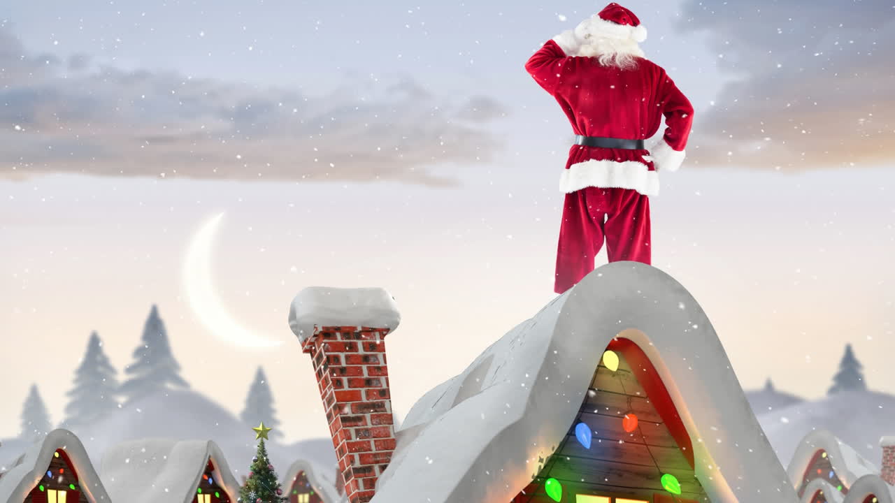 겨울의 풍경과 함께 떨어지는 눈으로 꾸며진 집의 지붕에 있는 산타 클로스