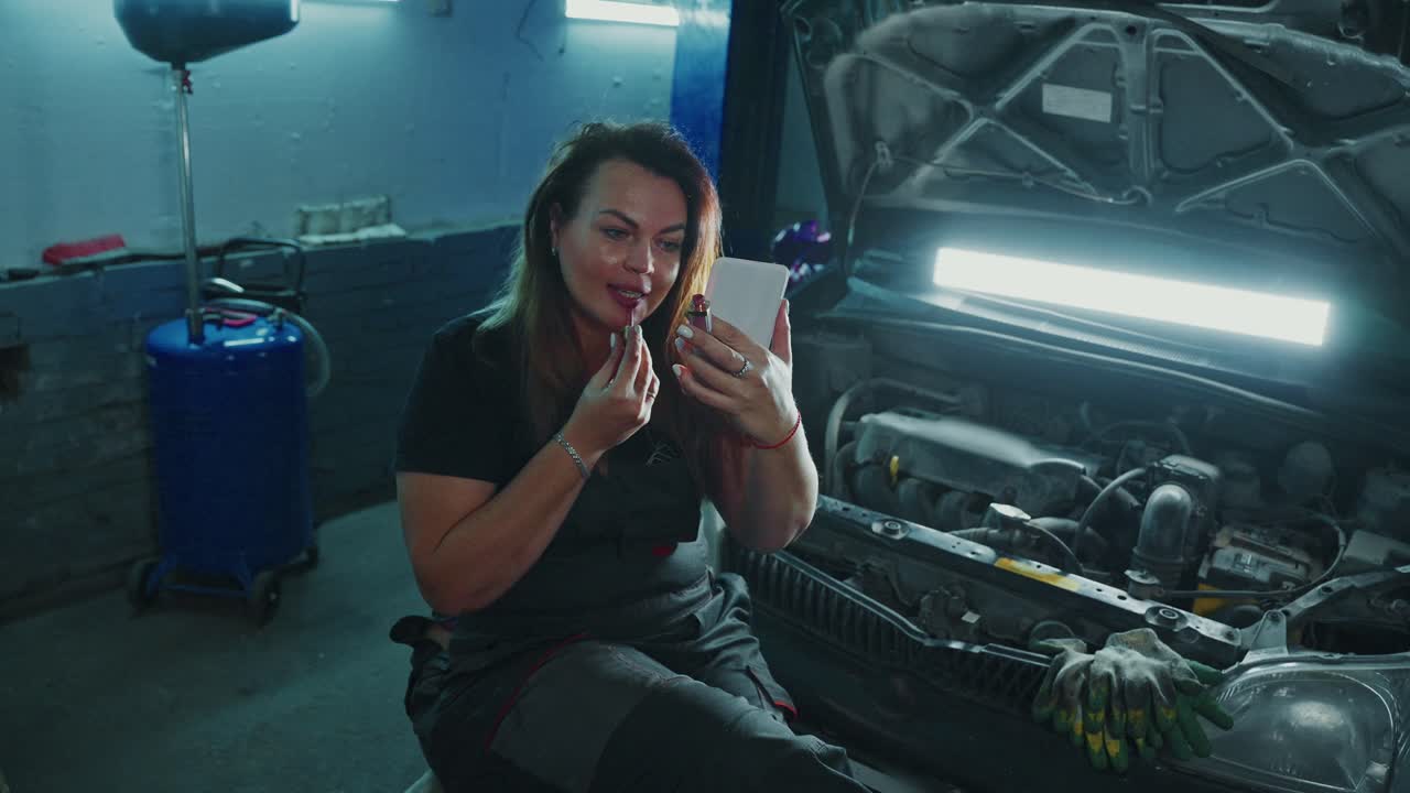 Woman Applying Lipstick in a Garage