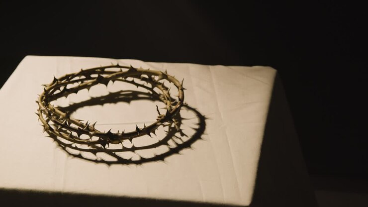 Religious Concept Shot With Close Up Of Crown Of Thorns On Altar In Pool Of Light 1
