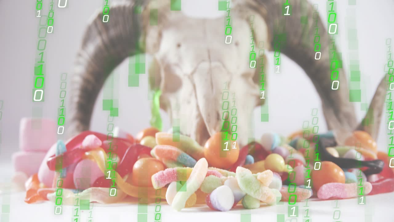 구미 힙 위로 솟아오르는 램 해골, 쏟아지는 숫자, 디지털 블렌드를 보여주는 카메라 풀링