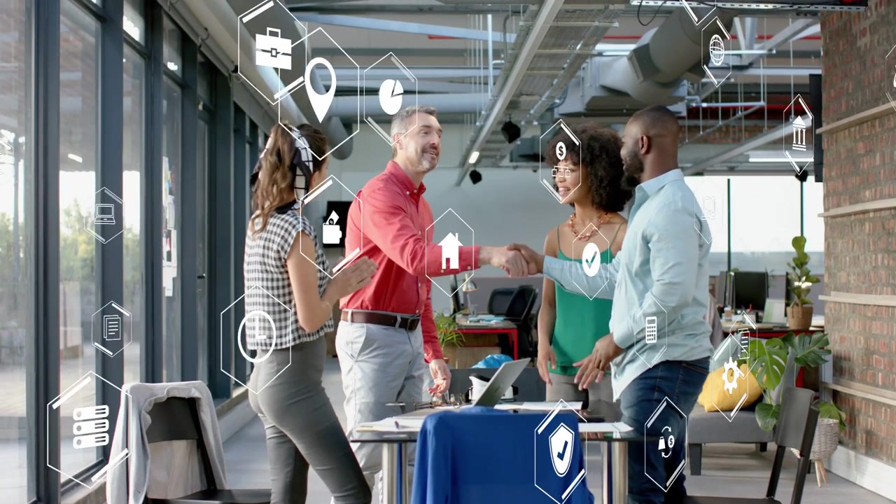 Red-shirt lead reaching and introducing in business meeting colleague shaking hands under hex UI
