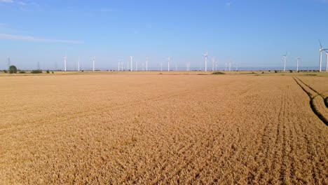 Turbinas-Eólicas-En-Un-Hermoso-Campo-Agrícola,-Antena-Con-Espacio-Para-Copiar