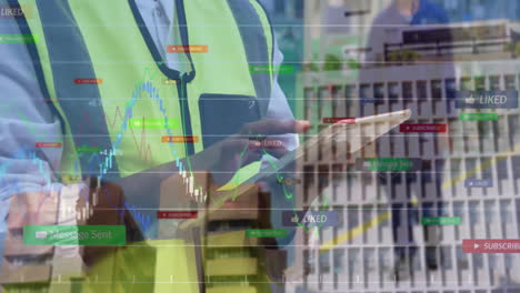woman wearing safety vest using smartphone and tablet in warehouse with logistics analytics charts