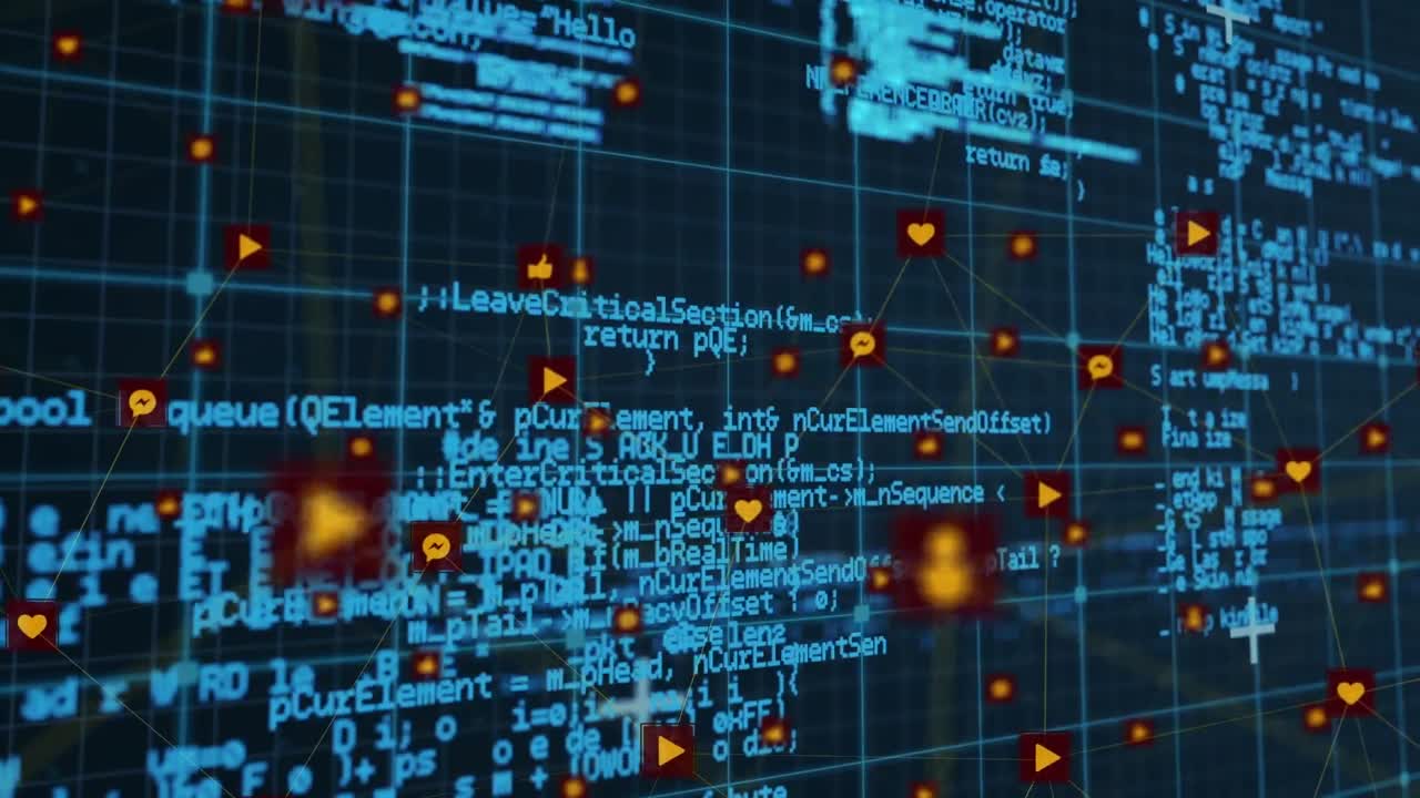 réseau d'icônes numériques sur réseau de grille contre le traitement de données sur fond bleu