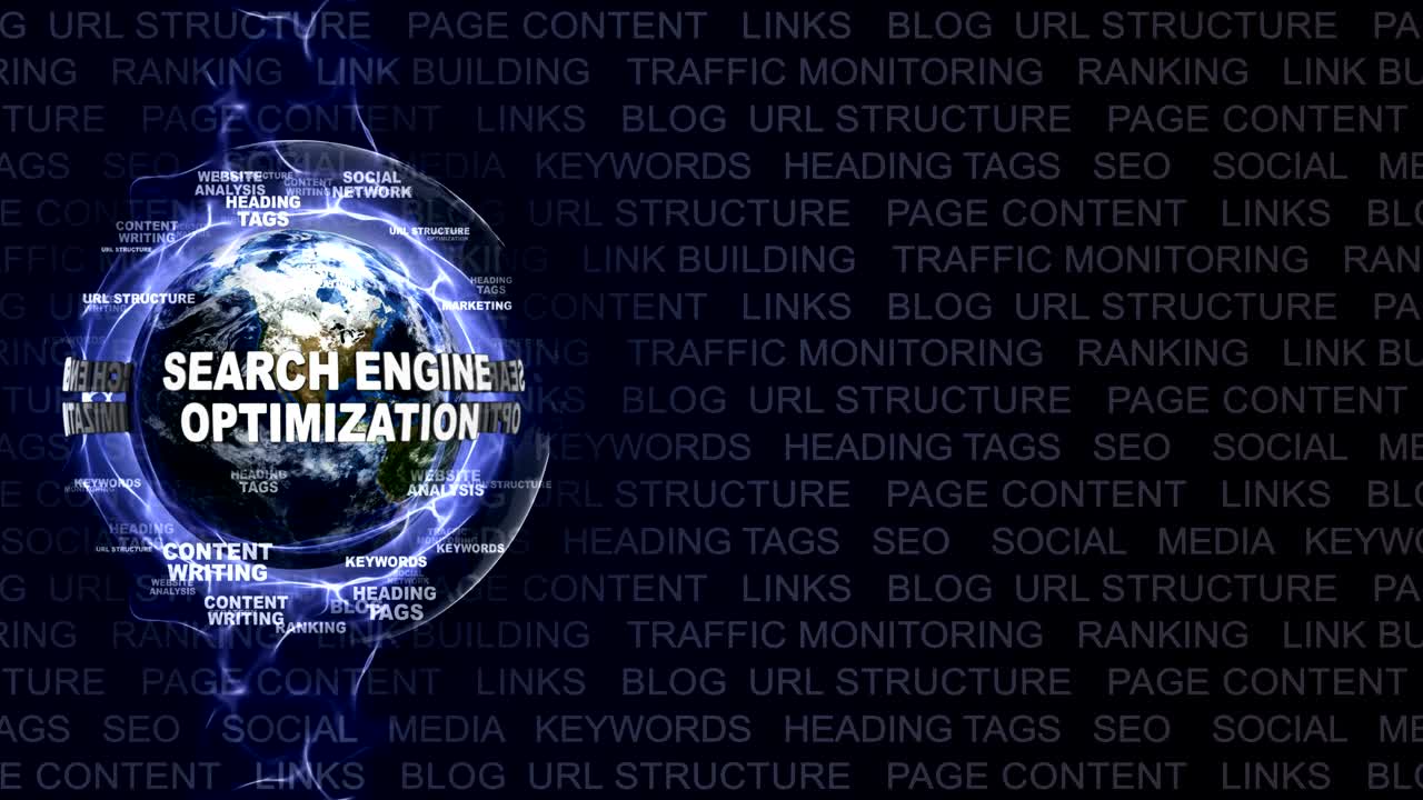 검색 엔진 최적화, seo, 텍스트 애니메이션 및 지구, 루프