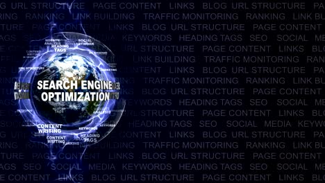 search engine optimization, seo, text animation and earth, loop