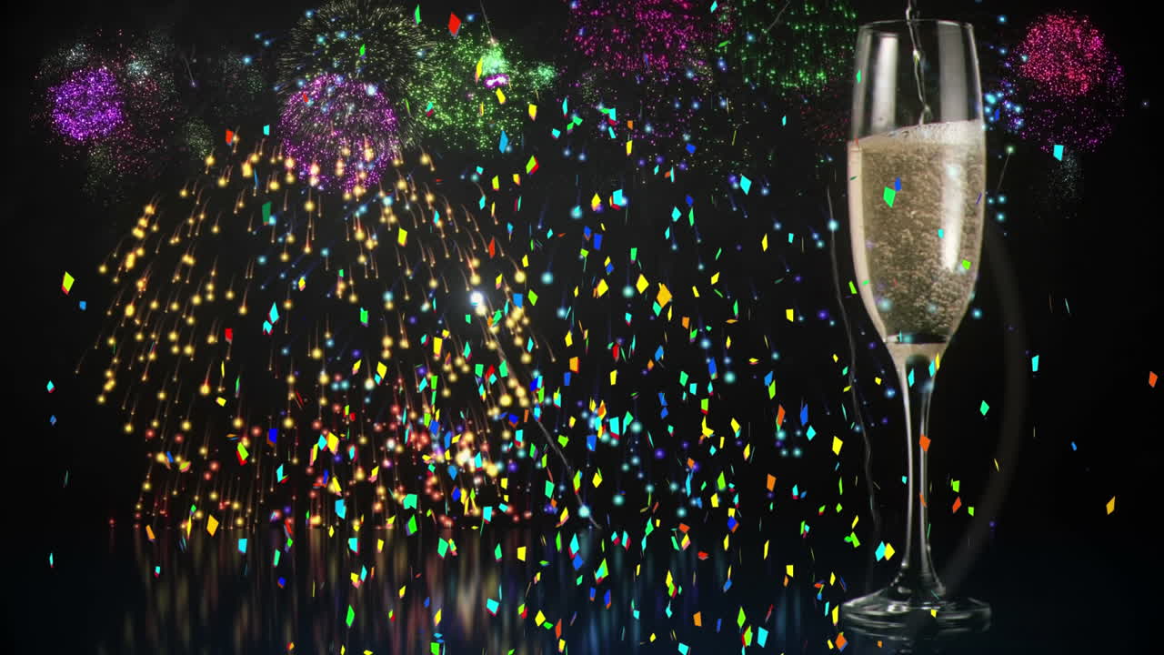 Animatie van veelkleurige confetti, vuurwerk en een champagneglas