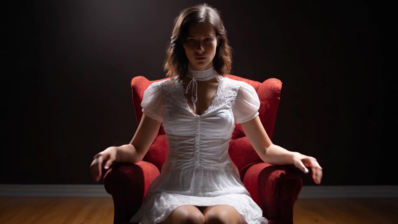 Una mujer misteriosa de blanco se sienta contemplativamente en un sillón rojo, iluminada por una luz dramática en un entorno oscuro, evocando intriga y suspense.