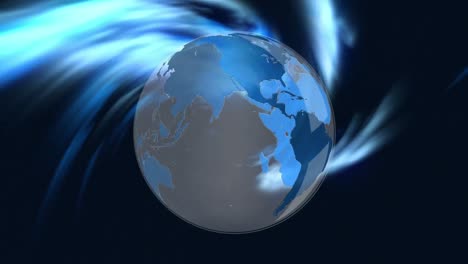 Animation-of-earth-globe-spinning-over-blue-light-trails-on-black-background