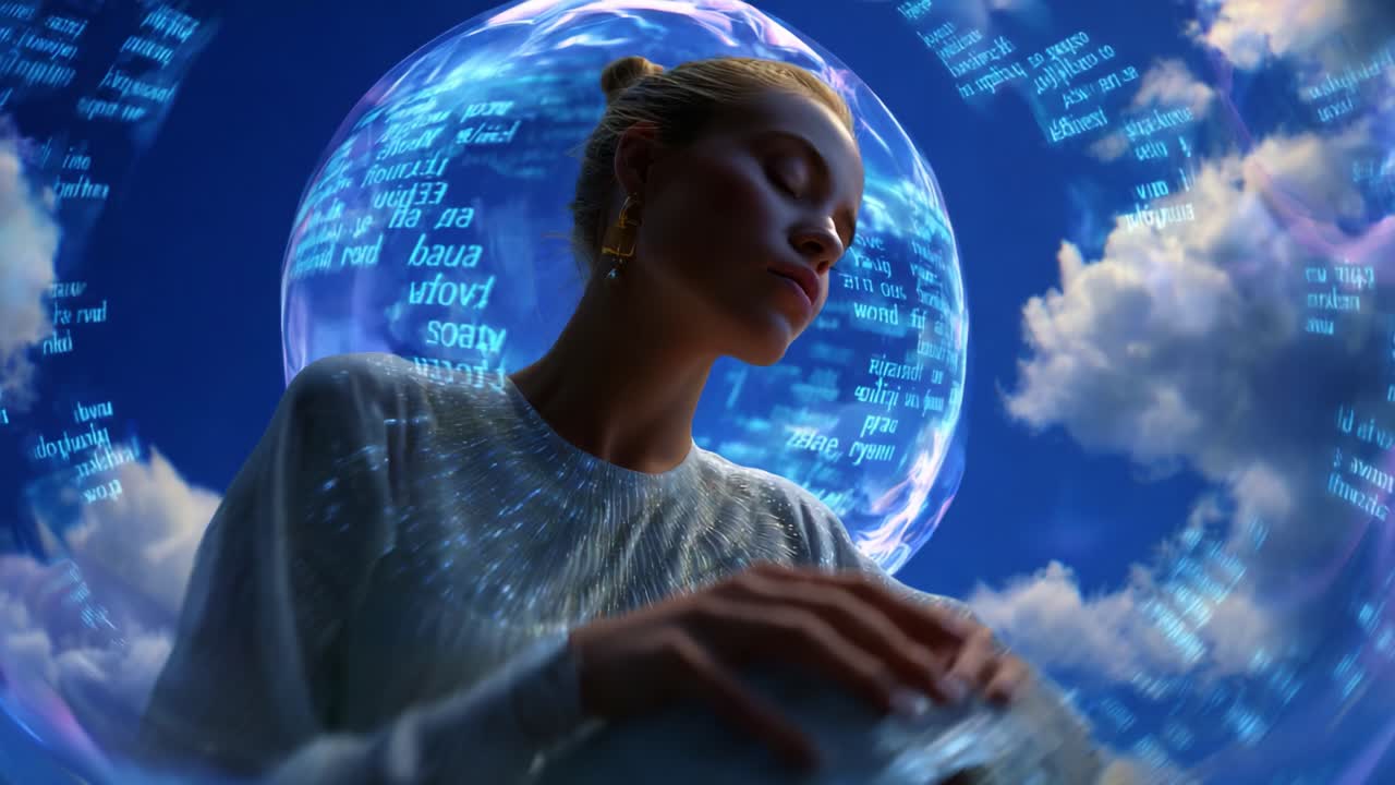 A Serene Moment of Contemplation: A Woman Lost in Thought Surrounded by an Ethereal Bubble of Enigmatic Text and Clouds, Capturing the Essence of Reflection and Tranquility in a Dreamlike Atmosphere