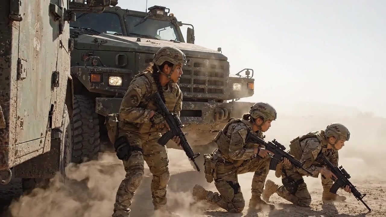 Soldati d'élite si impegnano in manovre tattiche mentre avanzano attraverso un paesaggio desertico polveroso, utilizzando veicoli blindati per supporto e copertura durante un'operazione impegnativa.