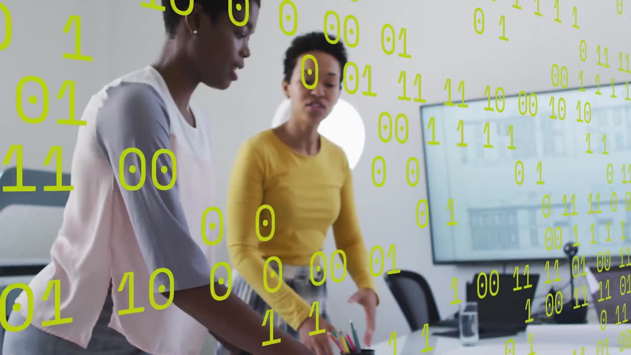 Animation of data processing over african american business people