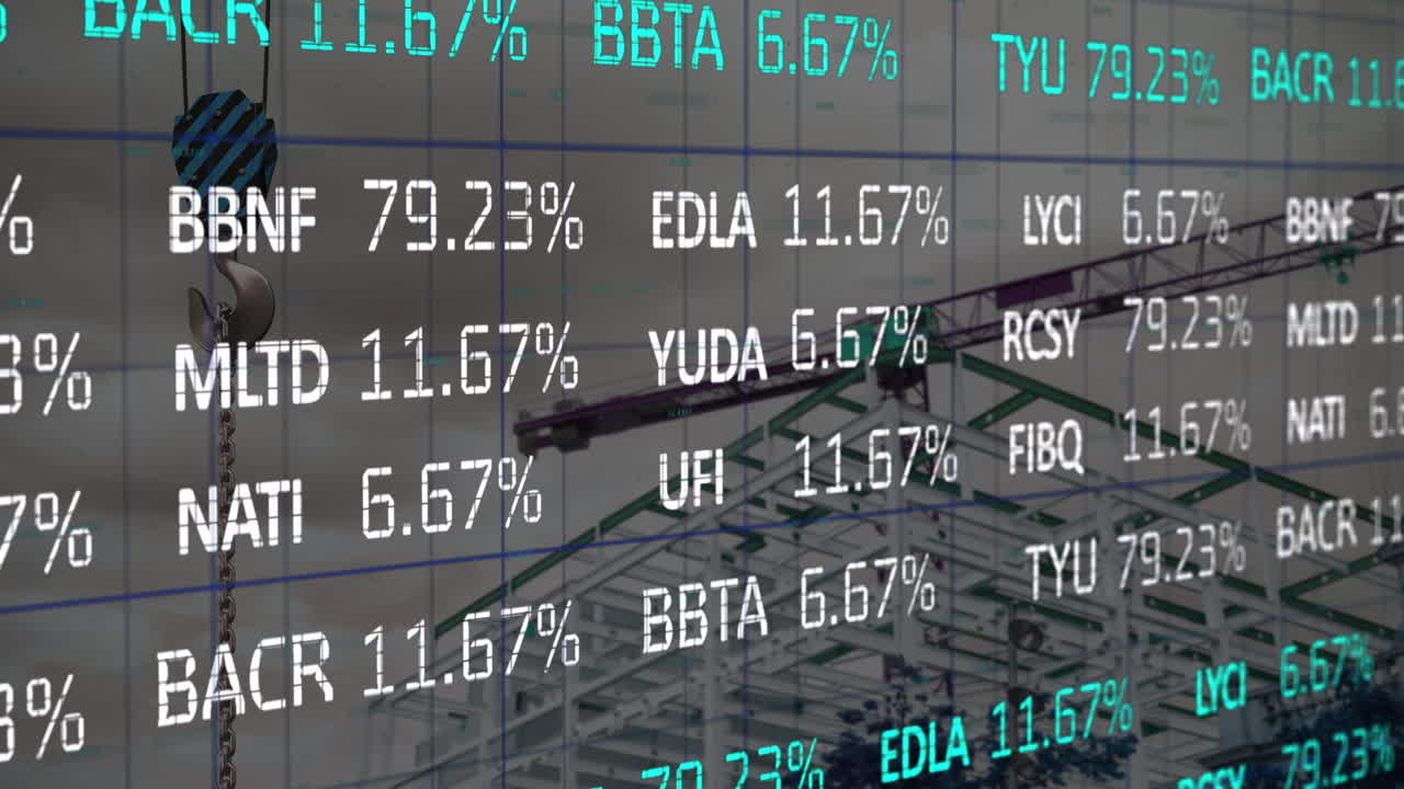 Animation of crane at construction site, financial data processing and statistics