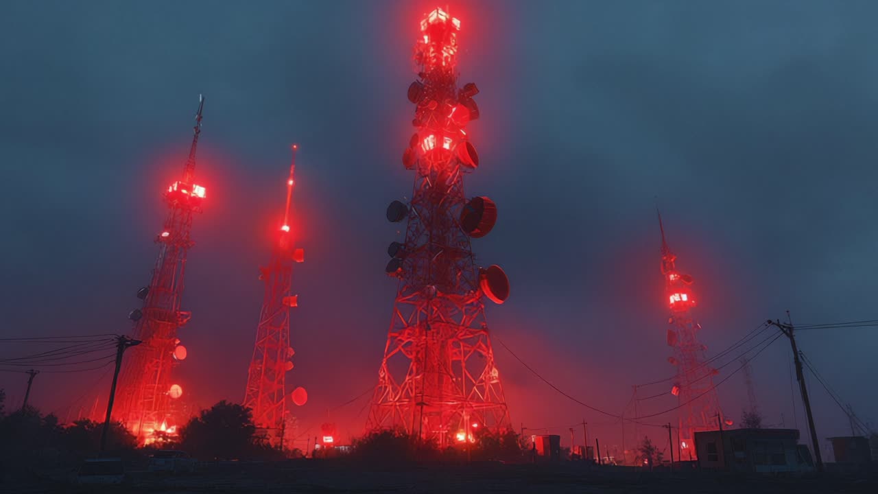 Eerie view of multiple telecommunication towers with blinking red warning lights against a dark, foggy sky, creating a mysterious and technological atmosphere during a cloudy evening