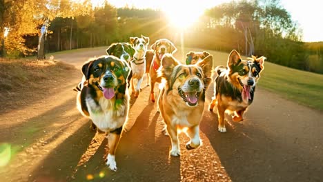 un grupo de perros corriendo por un camino de tierra