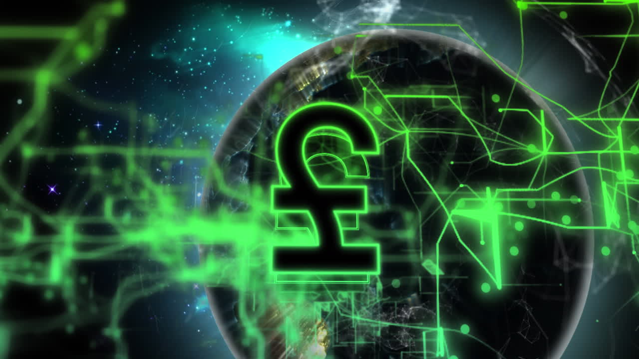 Animazione di segno della valuta della sterlina illuminato con punti connessi su globi.