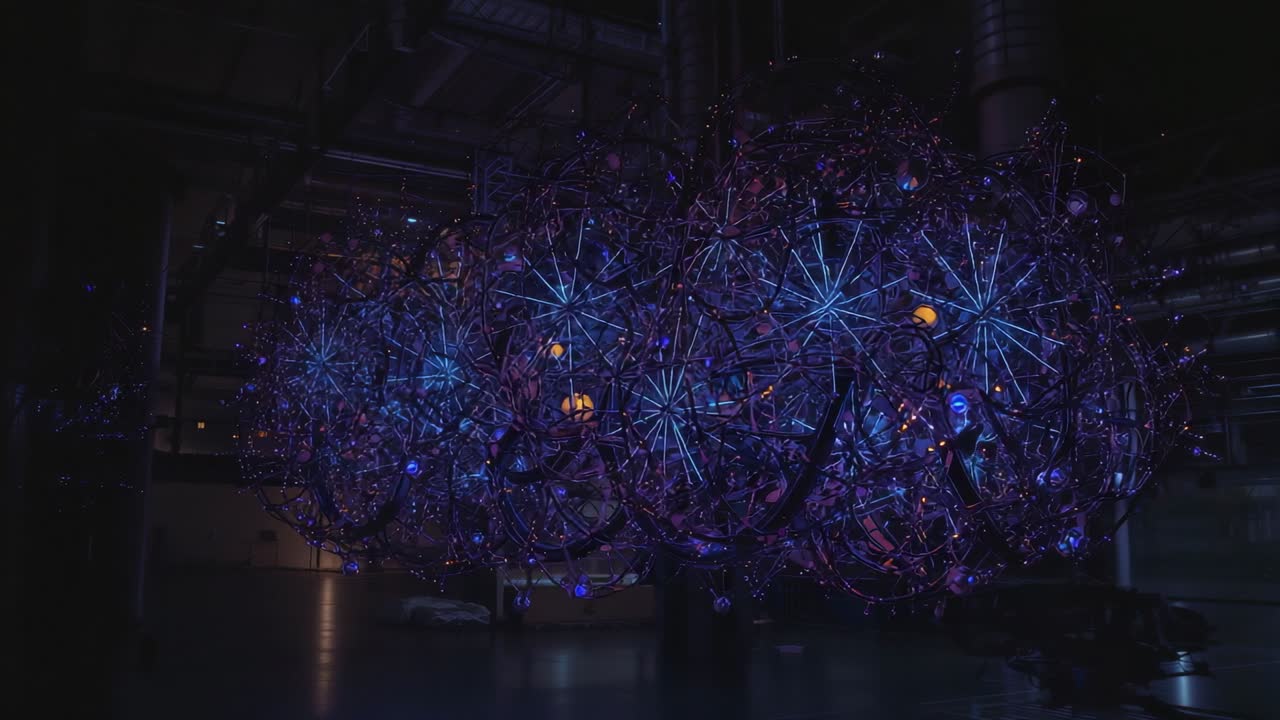 Kinetic LED sculpture pulsing-rotating bicycle wheel frames in factory hall, with blue-orange glow