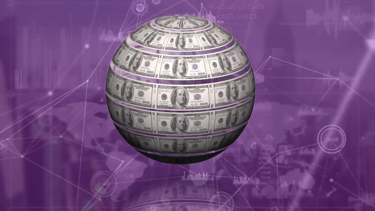 Animation d'un globe formé de billets de dollar américain au-dessus d'un réseau de connexions sur fond violet.