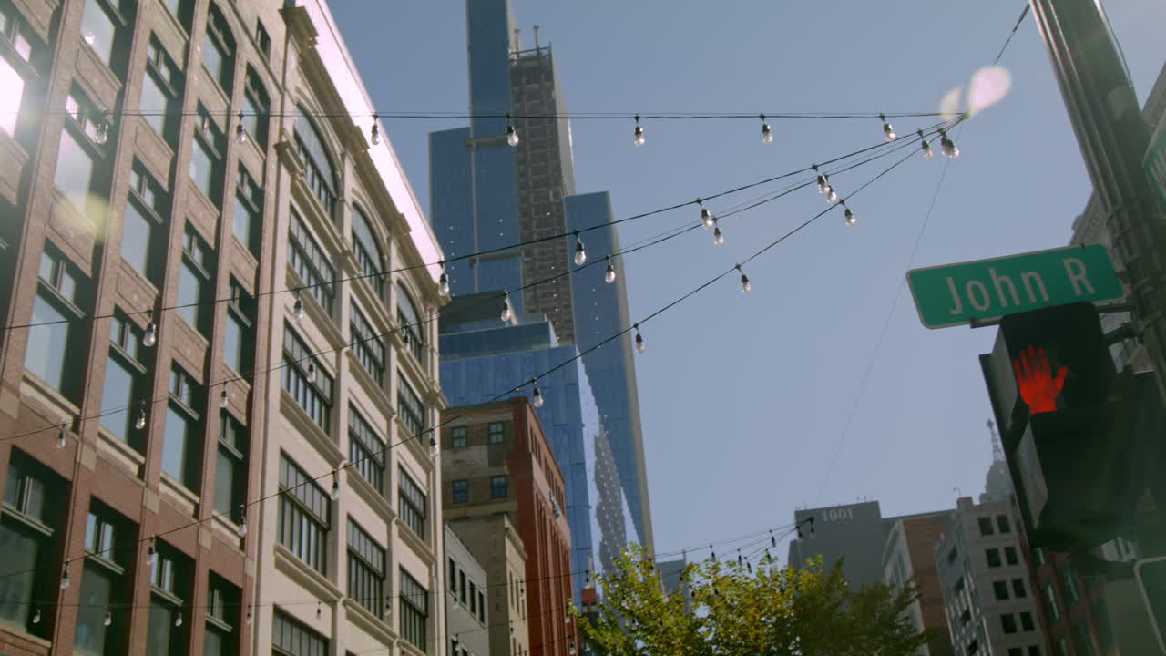 Downtown Detroit, Michigan with video tilting down.