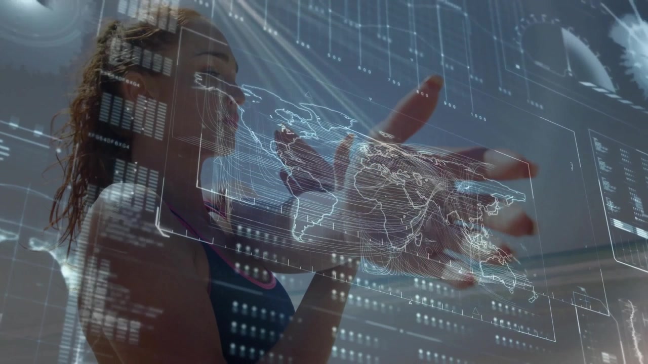 Woman Practicing Tai Chi with Digital World Map Overlay