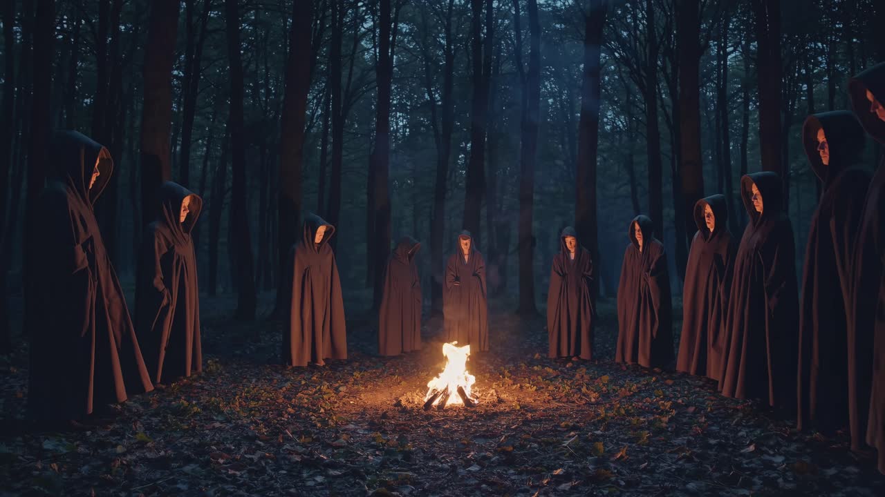 Luftvideo af hætteklædte figurer i en skov, der kredser om et lejrbål, og skaber mystik.