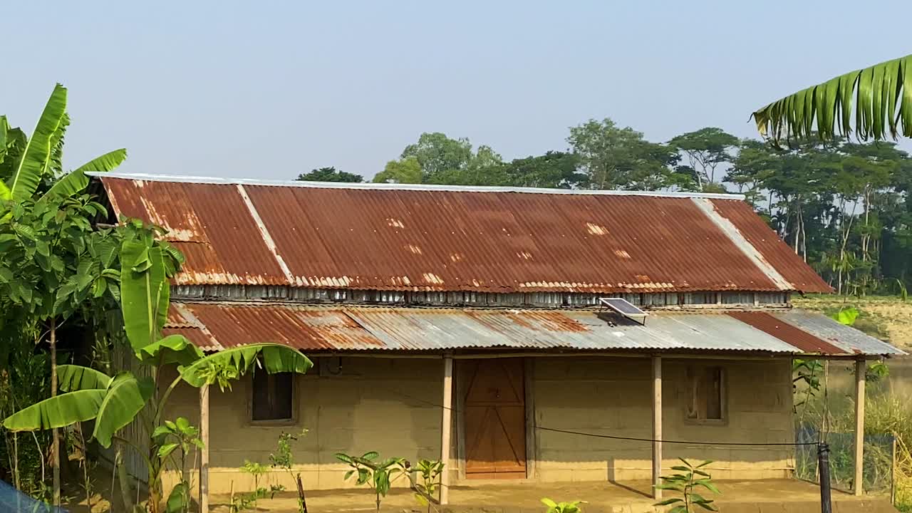 Rusted corrugated tin rooftop shack with banana trees growing inside Dhaka paddock in Bangladesh