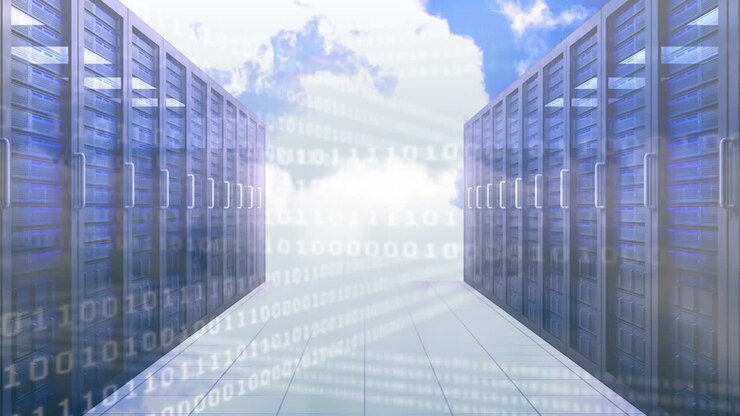 Sala server con codice binario e cloud