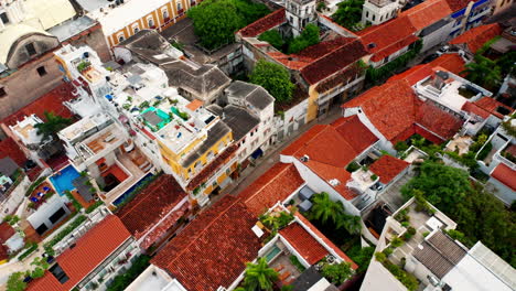 top down aerial drone view over the streets of cartagena's historical old town in colombia