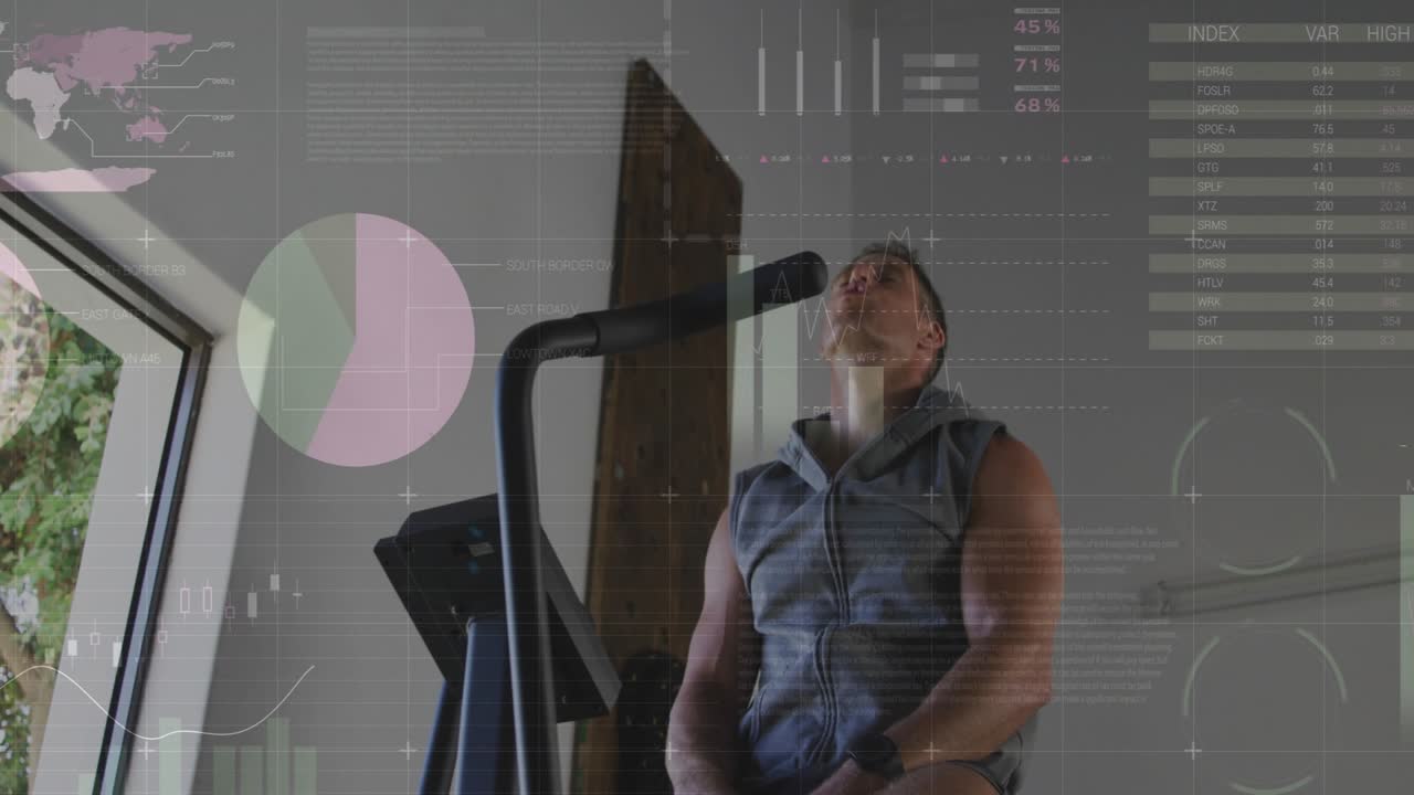 Man starting pedaling and gripping handle, charts overlaying console and tracking fitness