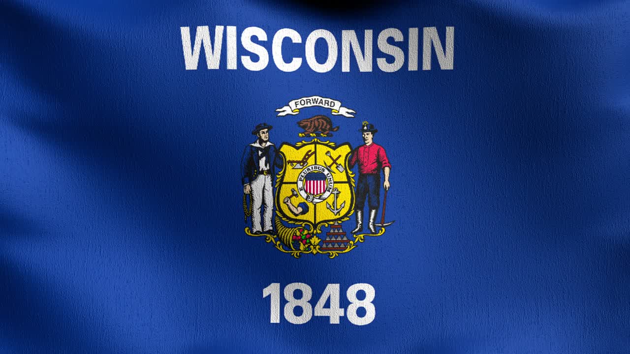 Seamless Loop 4K VDO. Wisconsin state flag in The United States of America, USA, blowing in the wind isolated. Official patriotic abstract design. 3D rendering illustration of waving sign symbol.