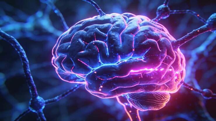 Cervello pulsante che riceve un impulso neon a sinistra, tracciando una fascia attraverso la corteccia in una rete neurale per mostrare le sinapsi.