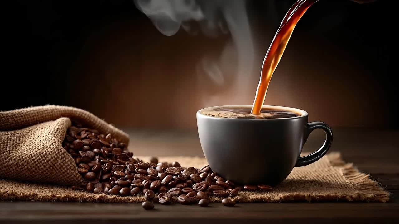 A cup of coffee being poured into a coffee cup with coffee beans