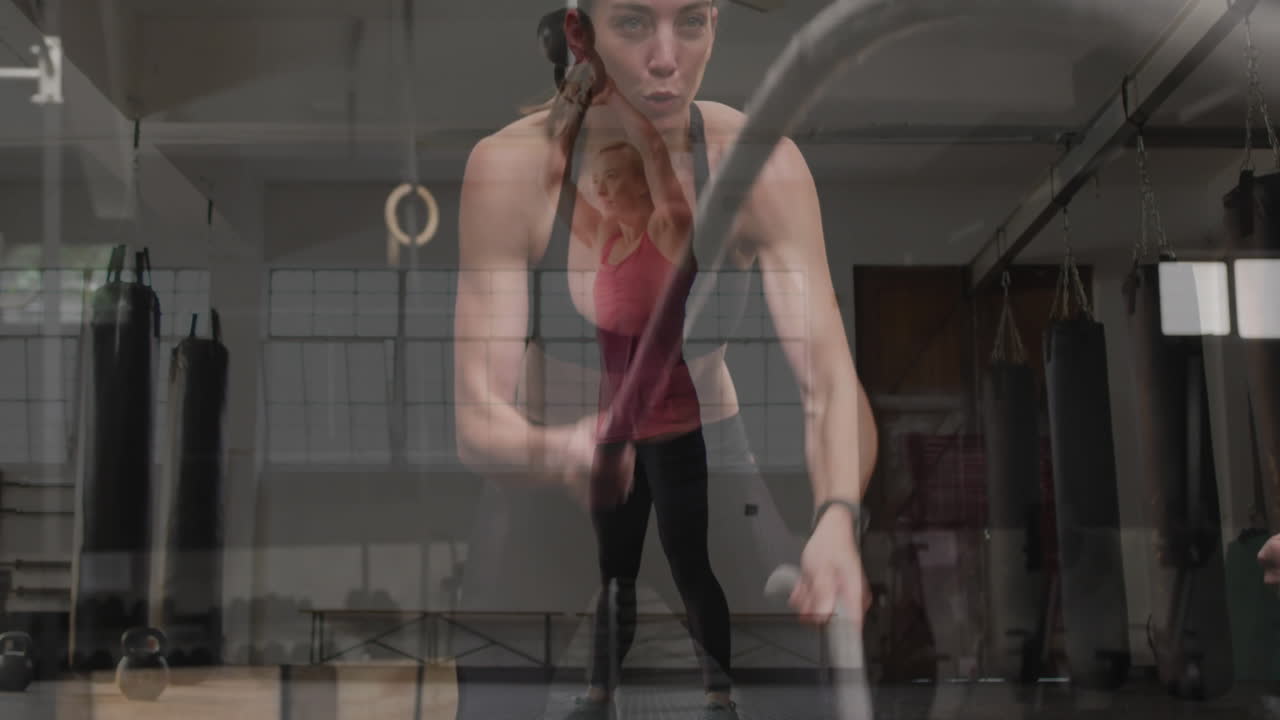 In gym, woman exercising with battle ropes, demonstrating strength and determination