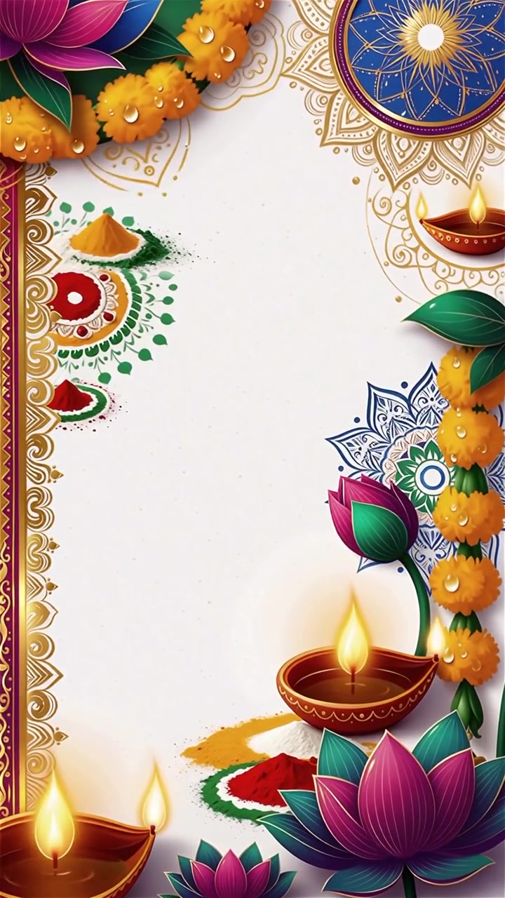 Sfondo Diwali con Diyas luminosi, Rangoli e fiori di loto