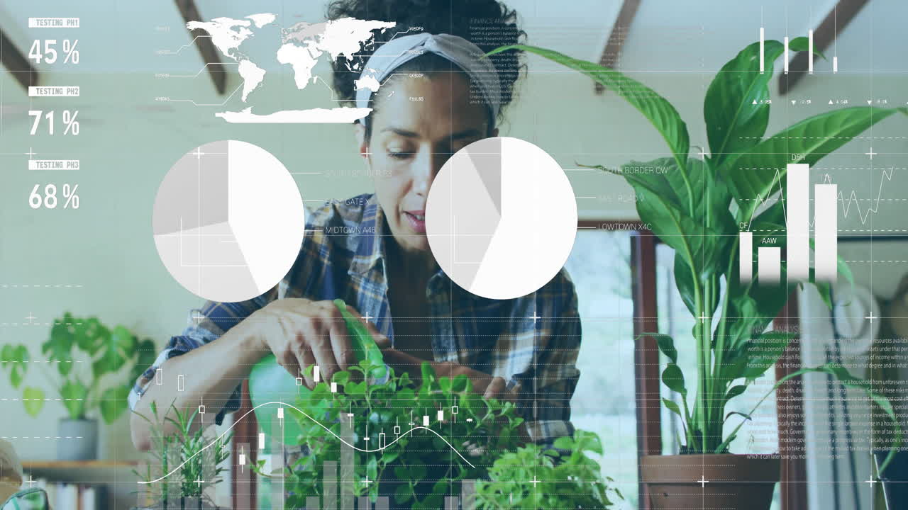 Mature woman watering potted plants in business office, overlaying pie charts bar graphs world map