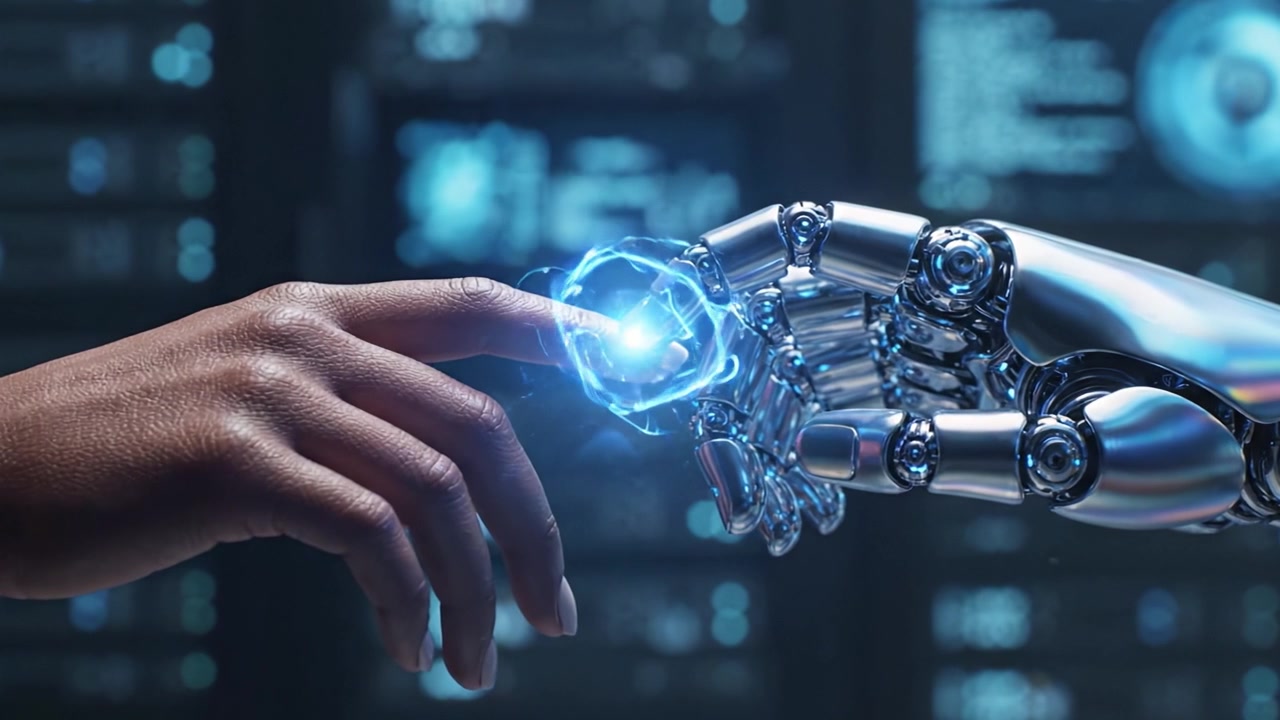 A Captivating Encounter: The Interplay Between Human and Robot Hands Showcasing the Unity of Technology and Humanity in an Engaging Digital Environment