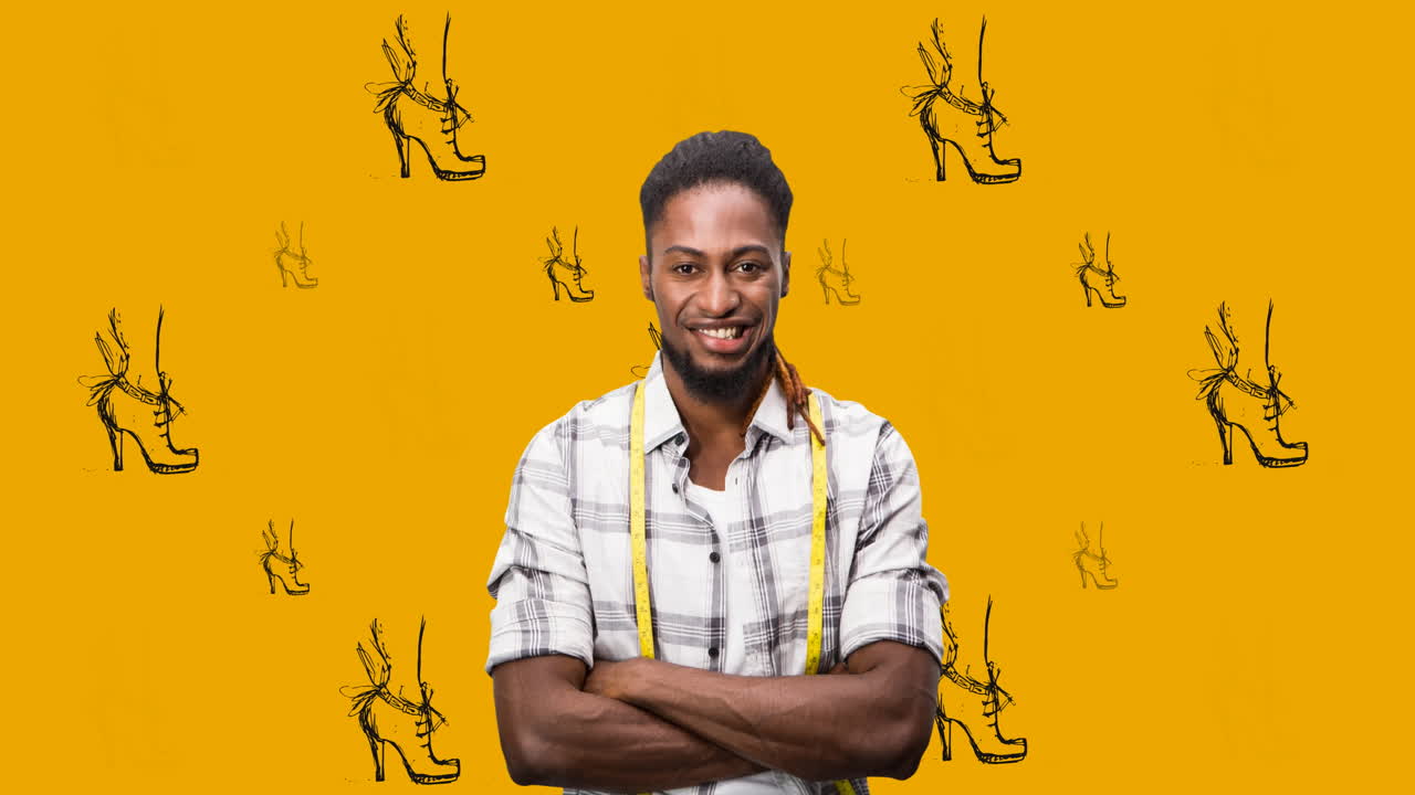 animación de zapatos iconos y modelo afroamericano diseñador de moda masculino en fondo naranja