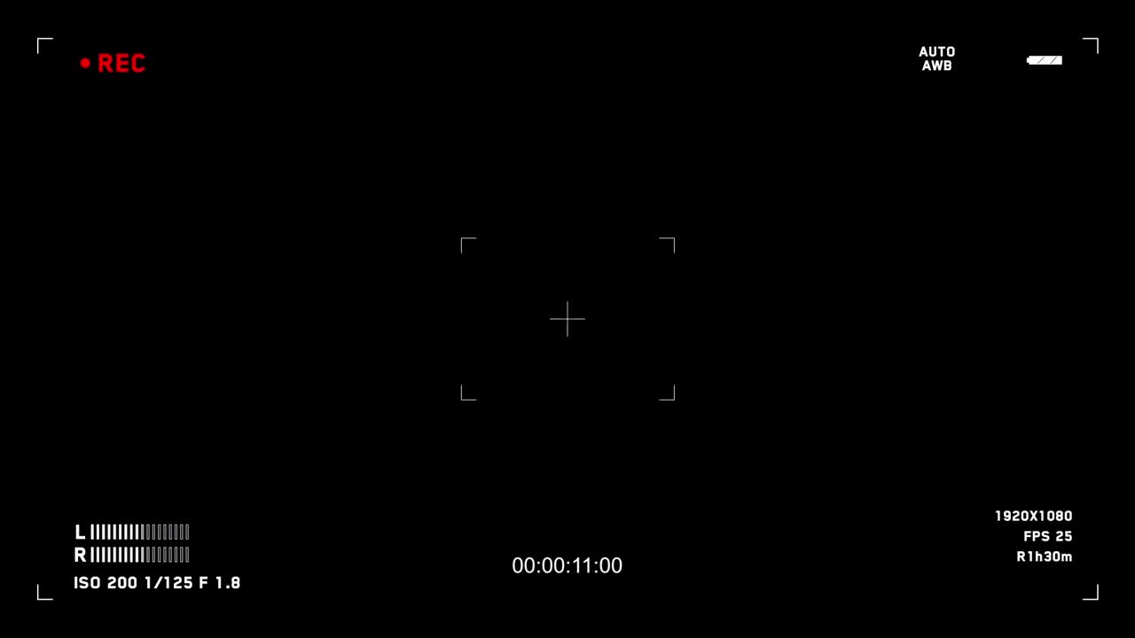 Horizontal 16:9 professional camera viewfinder screen with detailed data including timecode, rec icon, audio levels, and settings. For filmmaking or tech concepts