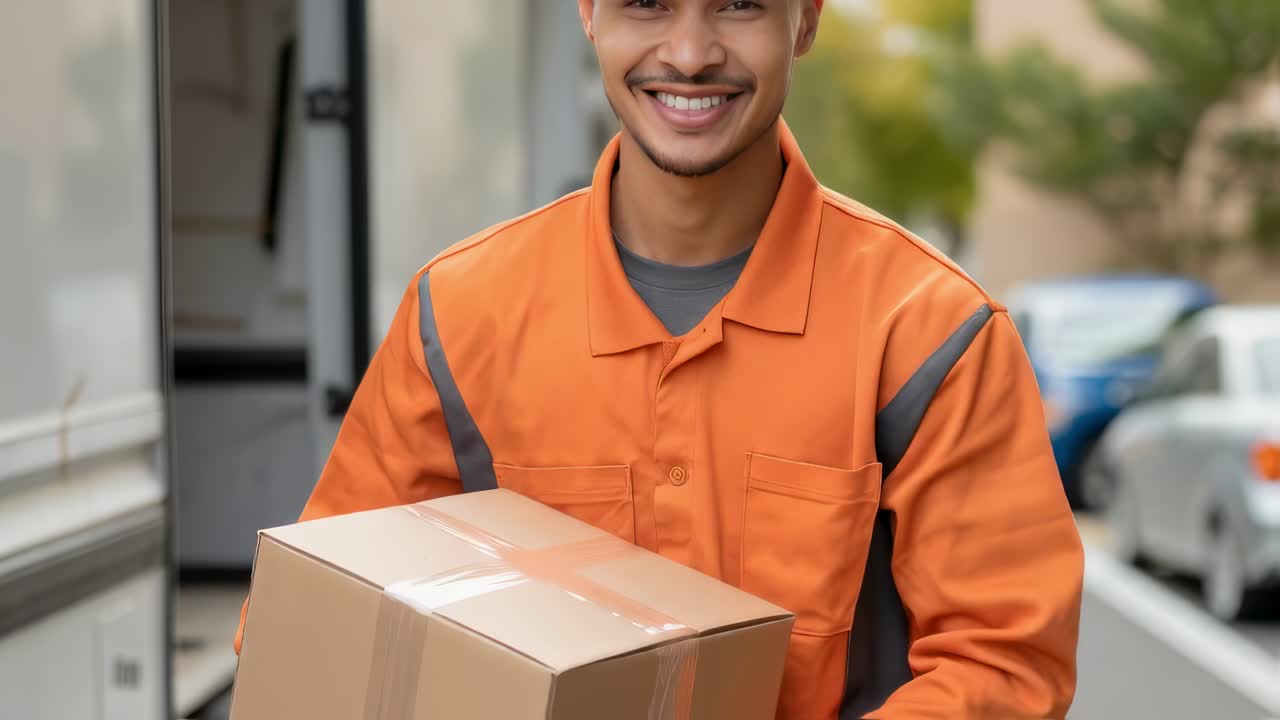 Delivery person wearing bright orange uniform and cap, holding cardboard package while smiling confidently at camera during outdoor urban delivery service moment