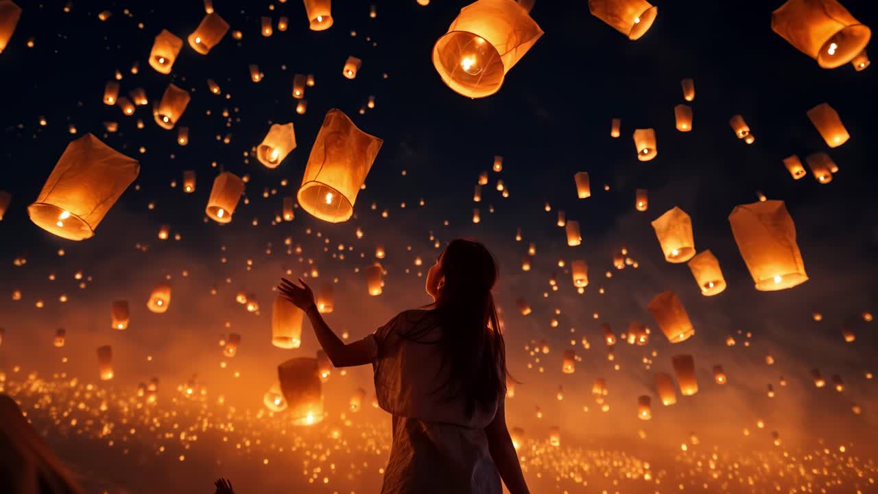 Aerial view of a woman reaching towards floating lanterns in a night sky, creating a magical