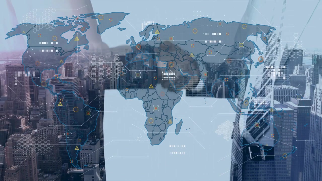 Two men shaking hands, handshake sparking trade world map nodes pulsing skyline for partnership