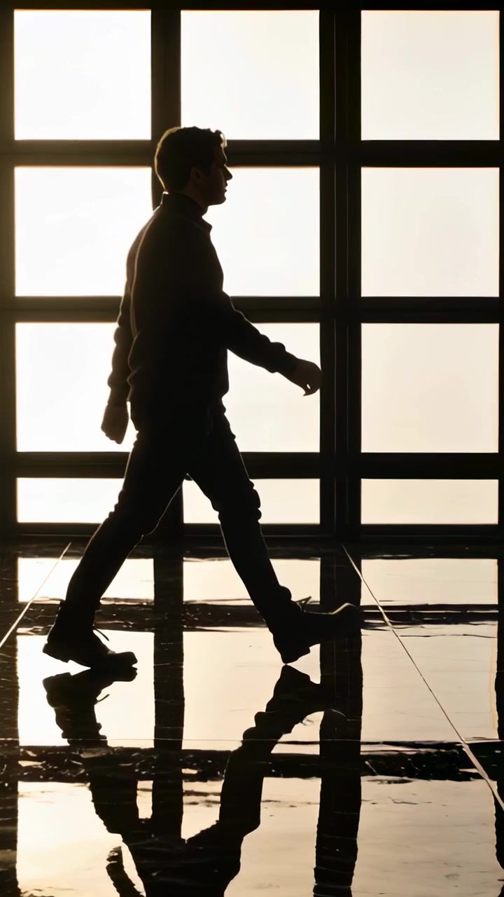 Vertical video: Entering from left lit man in coat walking on atrium floor with grid, copy space