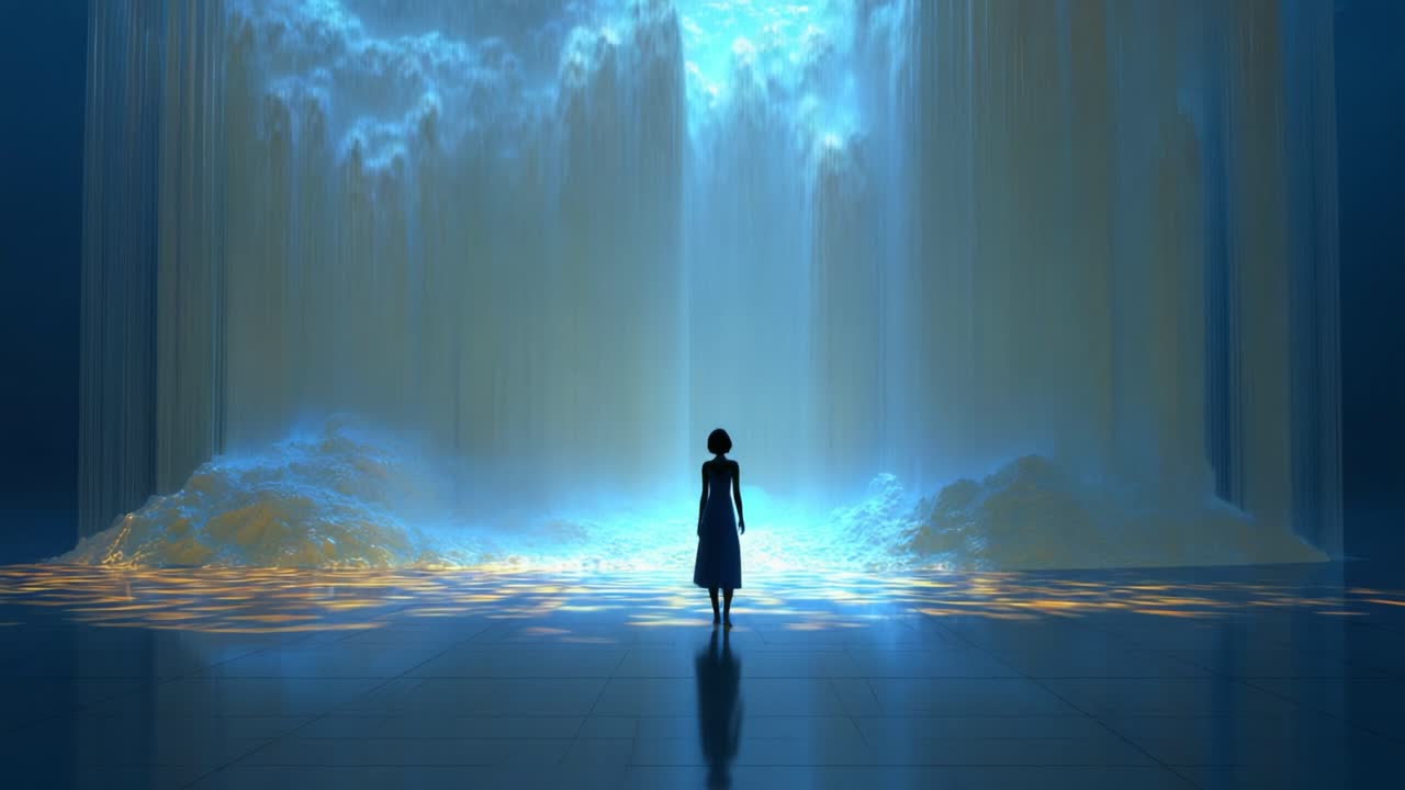 A solitary figure stands in awe before a magnificent cascade of vibrant blue and golden waterfalls, surrounded by a captivating ambiance that evokes wonder and introspection