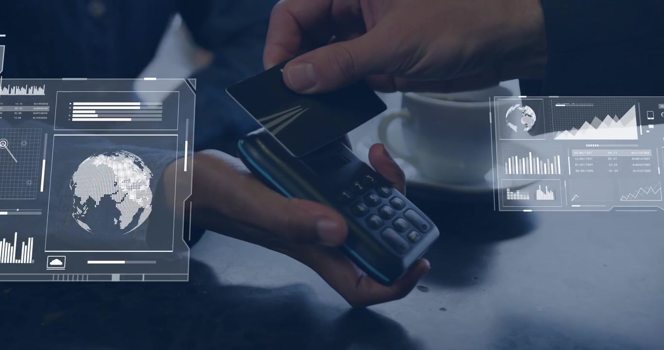 Seller holding terminal, customer tapping card, causing AR UI showing charts, payment data updating