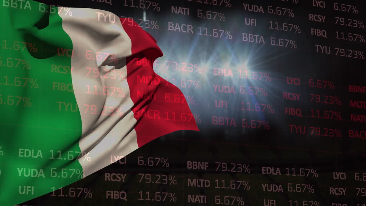 Animação de processamento de dados do mercado de ações sobre bandeira da Itália tremulando e pontos de luz em fundo preto