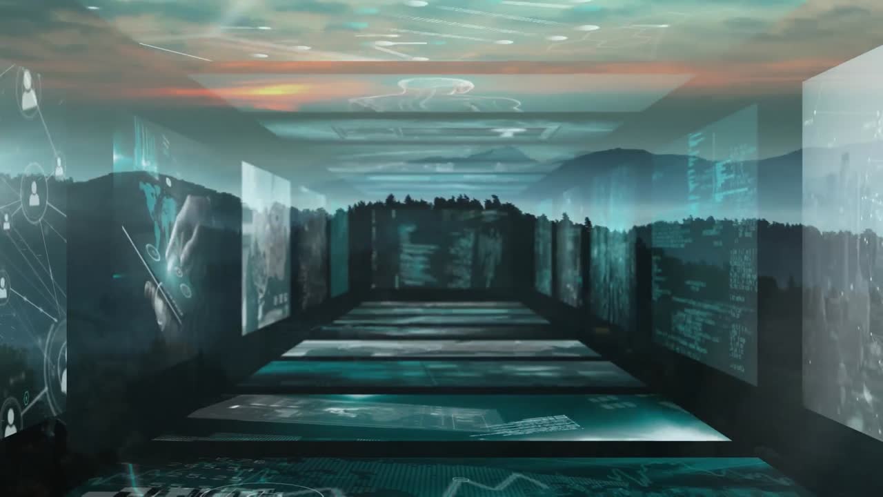 Animation of screens with data processing over landscape